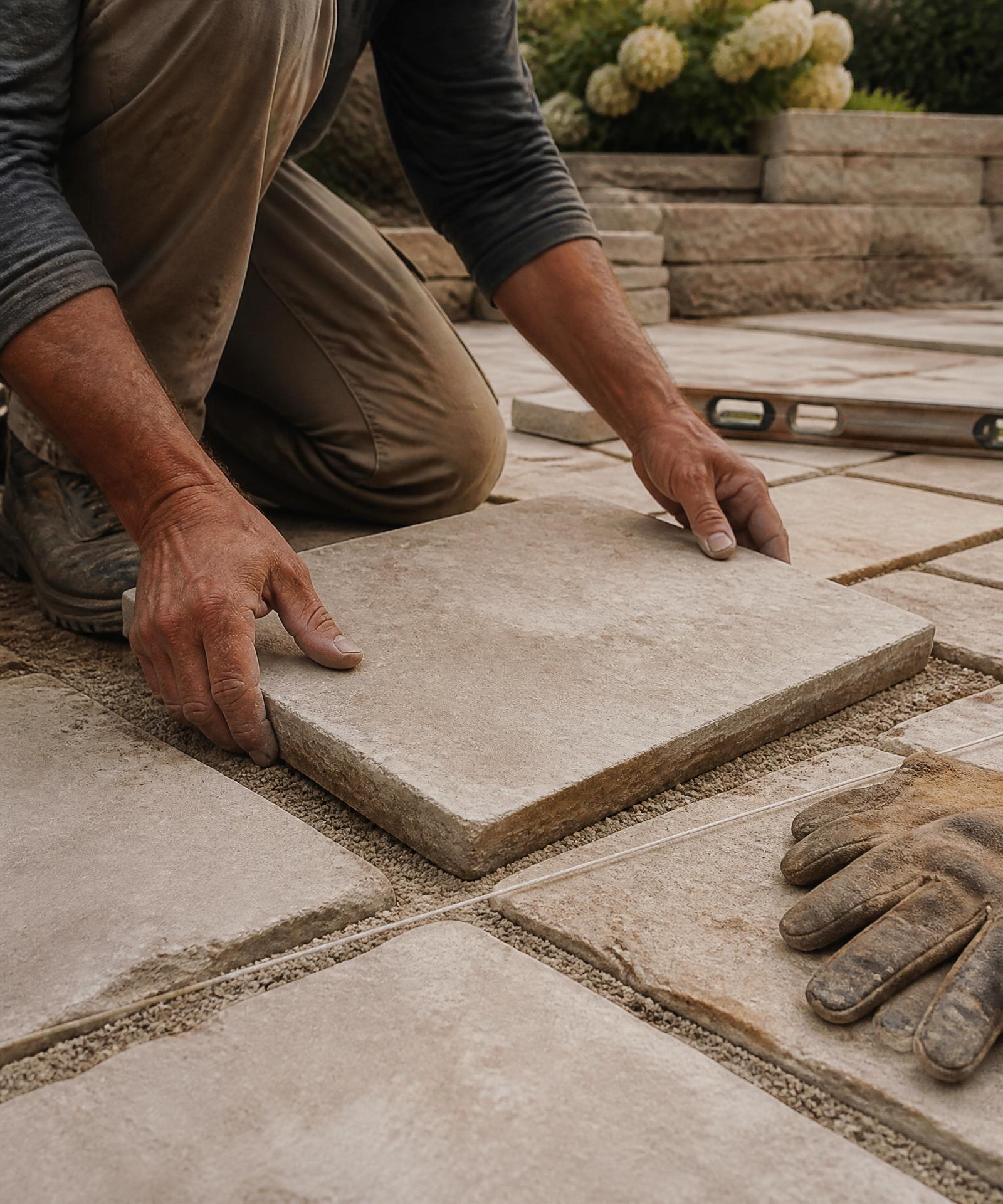 An Evergreen installer setting a paver stone by hand on a compacted base