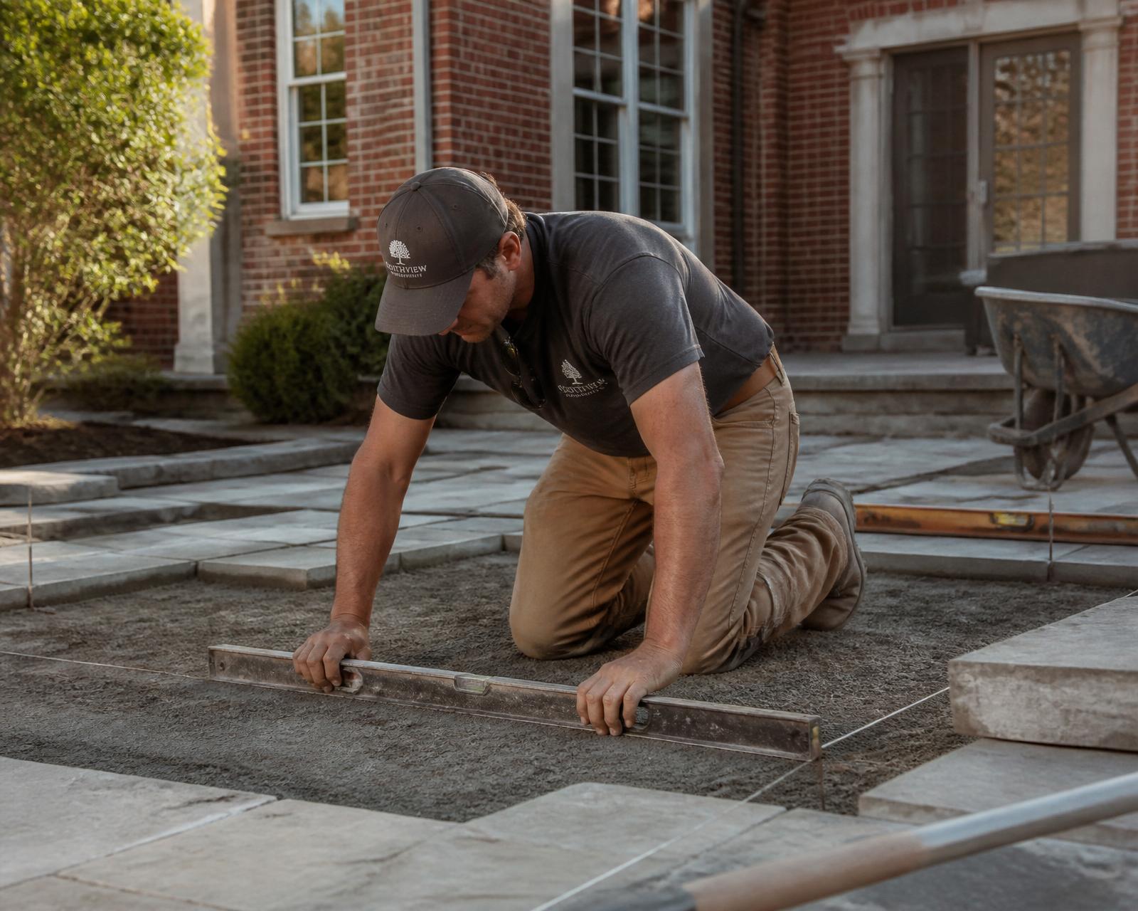 An Evergreen foreman checking levels on a partially installed paver patio