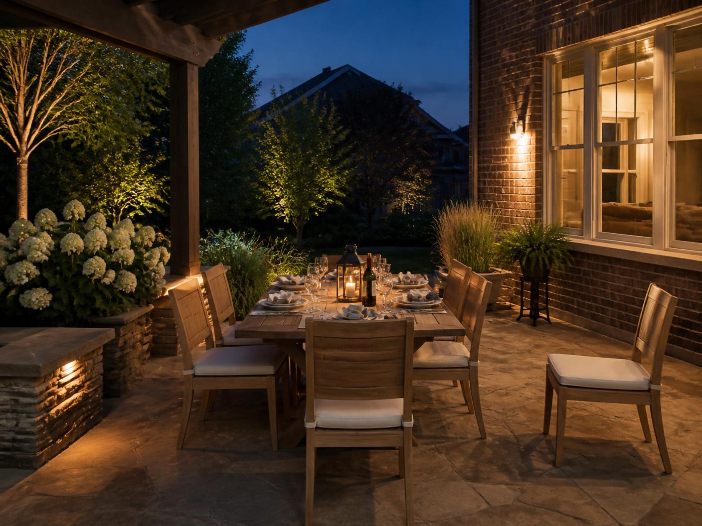 A luxury Indiana backyard pergola dining setting at blue hour, warm landscape lighting on layered plantings