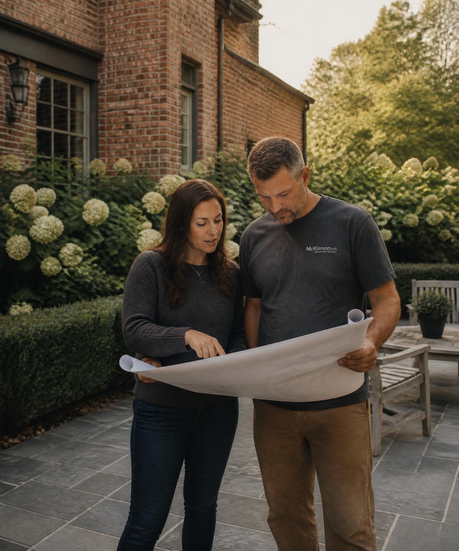 Evergreen's lead designer reviewing a landscape plan with homeowners in their backyard